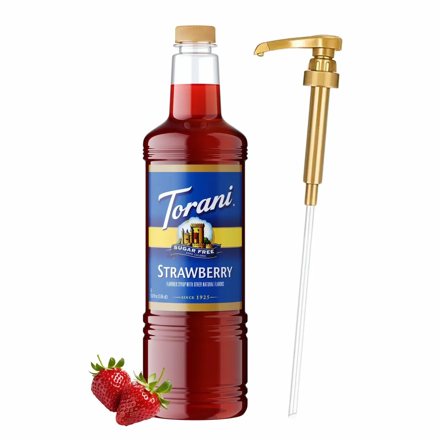 Torani Sweet Sugar-Free Strawberry Syrup - 1L Bottle with Pump, 0-Calorie Keto-Friendly Drink Enhancer for Coffee, Mocktails, Desserts, Low-Carb No-Sugar Beverage Flavoring
