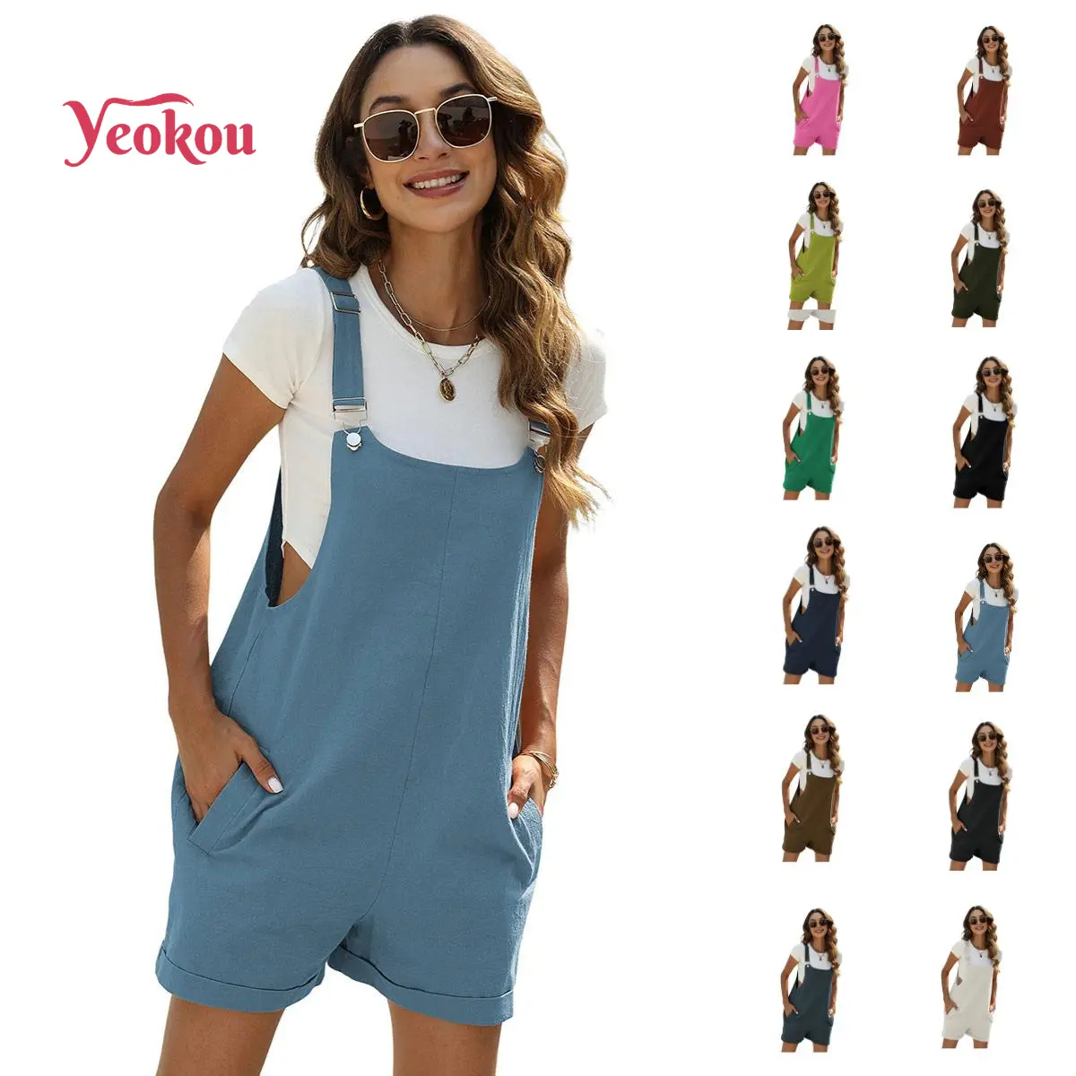 Yeokou Women's Cotton Linen Bib Overalls, Casual Summer Shorts Romper with Adjustable Straps and Pockets, Pinafore Overalls Romper, Women's Clothes, Rompers For Women