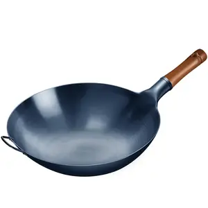 1pc Cast Iron Wok With Wooden Handle - Non-Stick, Non-Coated, Multi-Purpose Kitchen Pan For Gas Stovetop & Induction Cooking, Deep Blue Finish, Ideal For Frying, And Outdoor Cooking.