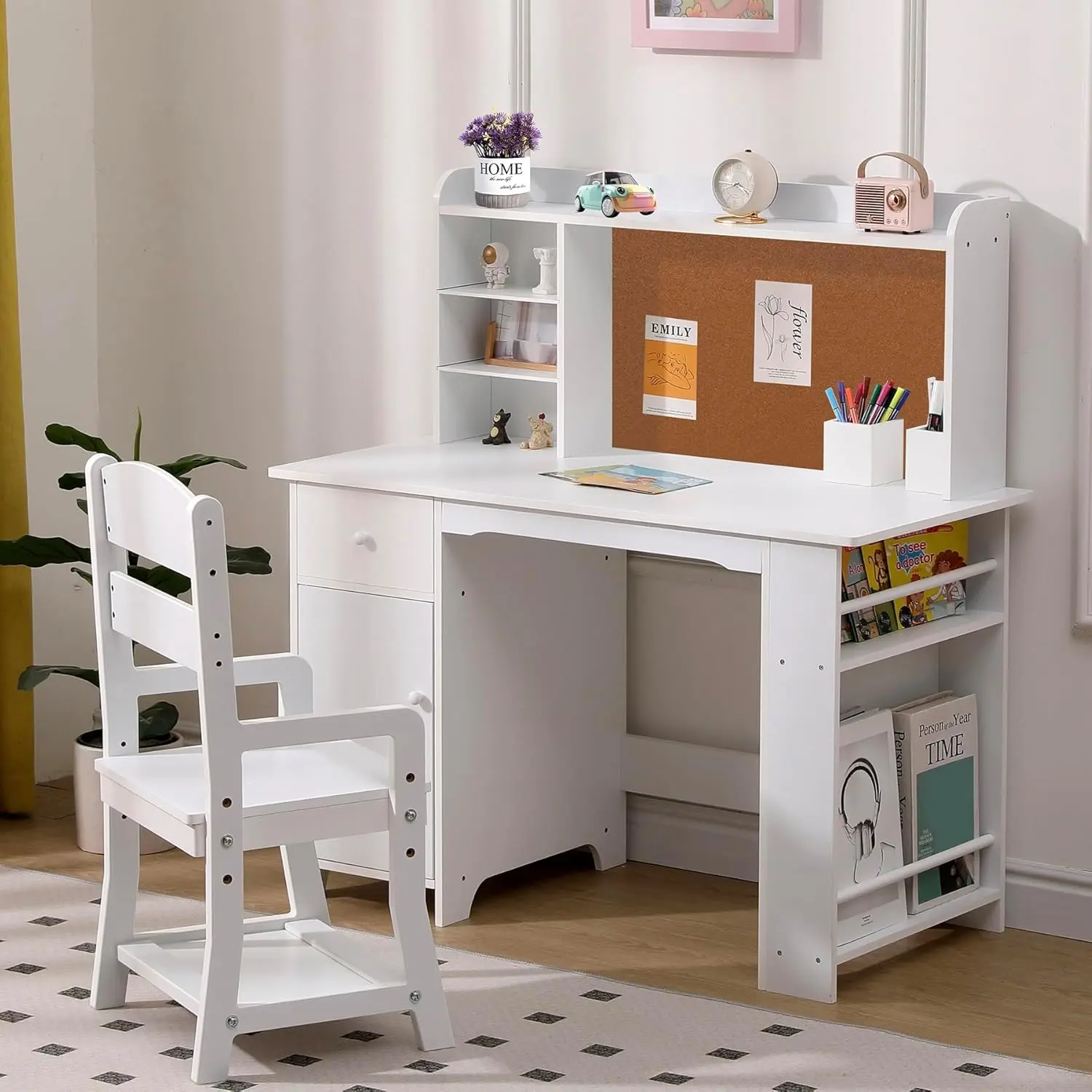 Desk and Chair Set, Wooden Study Table with Storage Shelf, Bulletin Board, Children School Learning Desk Set, Writing Table for Boys and Girls
