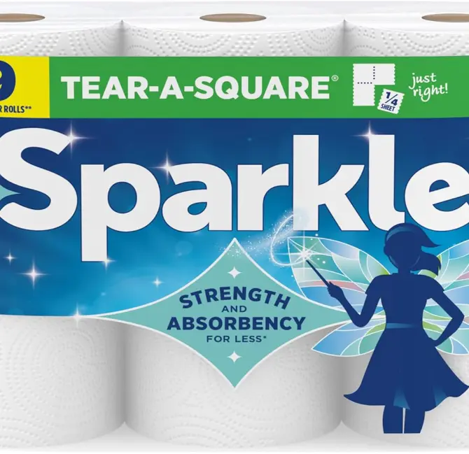 Sparkle Tear-A-Square Paper Towels, 3 Triple Rolls = 9 Regular Rolls, Strong 2-Ply Towels for Kitchen Cleanup and Everyday Messes