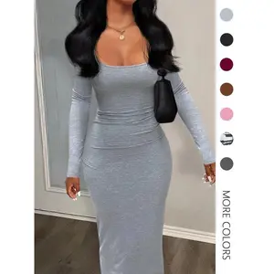 Women's Sexy Plain U Neck Long Sleeve Bodycon Dress, Minimalist Solid Tight Sleeve Long Dress for Fall, Ladies Clothes for FallGiftGift