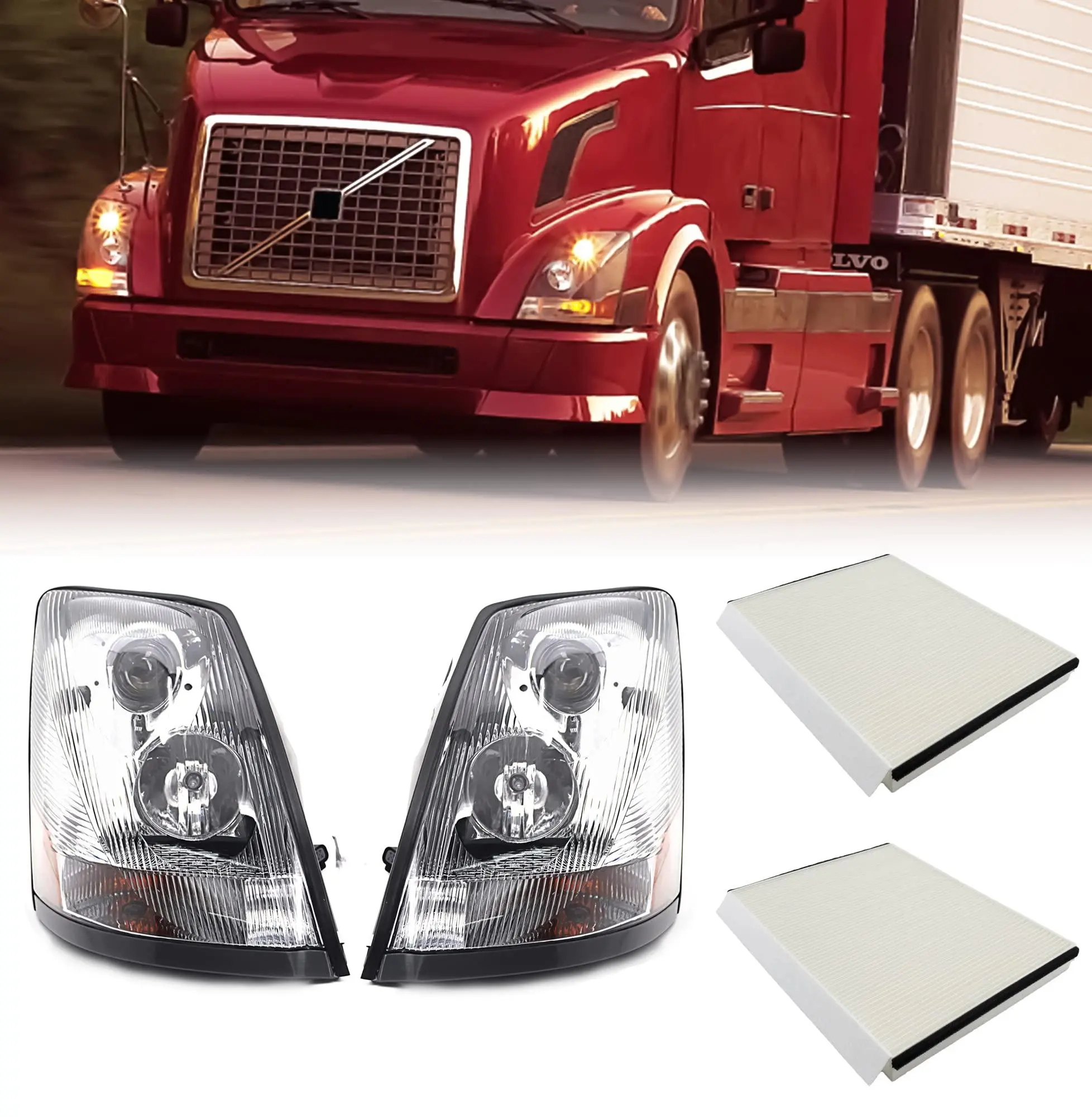 Torque Headlight Pair with Cabin Air Filters Replacement for 2004-2018 Volvo VN VNL semi trucks [Included All Bulbs] Driver Left and Passenger Right Side Set Assembly DOT SAE Approved (TR001, TR078)