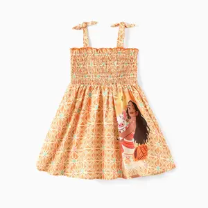 Disney Moana Girls Smocked Sundress - Tropical Geometric Print Tie Strap Dress for Kids, Official Moana & Pua Character Dress for Toddlers & Little Girls, Summer Casual A-Line Dress