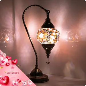 Yarra-Decor Turkish Moroccan Lamp with Bronze Base 3 Color Options Handmade Swan Neck Tiffany Mosaic Glass Valentine's Day gifts Bedside Lamps for Bedroom (LED Bulb Included) Crystal Colorful Lights Christmas gifts Valentine's Day gifts
