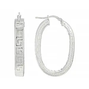 JTV Platinum Over Bronze Oval Greek Key Hoop Earrings