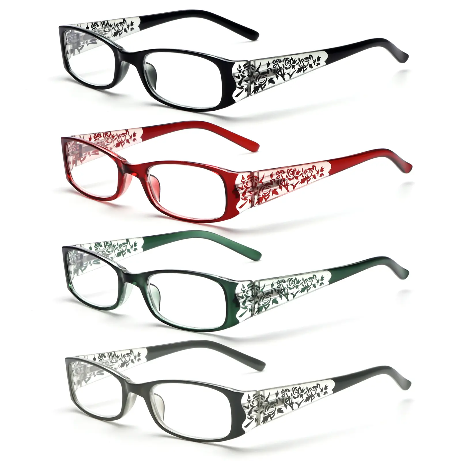 4 Pairs Square Flower-Pattern Blue Light Blocking Non-Prescription Reading Glasses, Lightweight Plastic Frames, -0 to +6.00 Diopters, Fashionable High-Quality Eyewear for Daily Office Use, Frames Non-Prescription Glasses