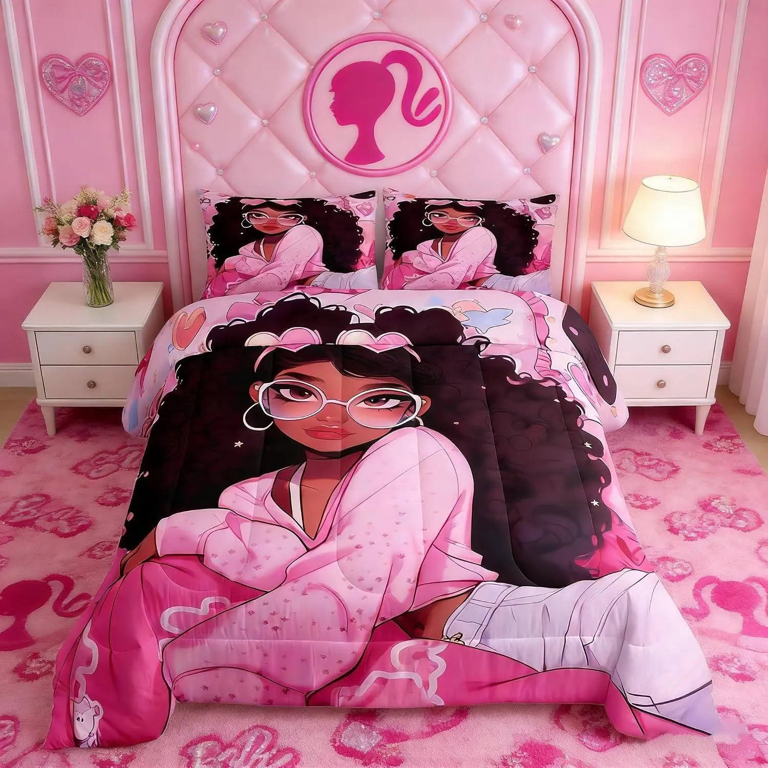 Black Princess Comforter Set,Cartoon Love Heart Print Bedding Set,Women Room Decor,African American Little Down Comforter,Pink Dreamy Duvet Insert,Pillowcases