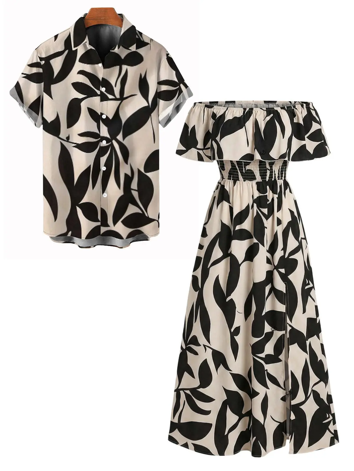 DRESSLILY 2026 Vacation Couple Outfit Women's Leaf Patten Off the Shoulder Slit Long Dress and Men's Short Sleeve Shirt Summer Matching Set