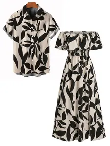 DRESSLILY 2026 Vacation Couple Outfit Women's Leaf Patten Off the Shoulder Slit Long Dress and Men's Short Sleeve Shirt Summer Matching Set