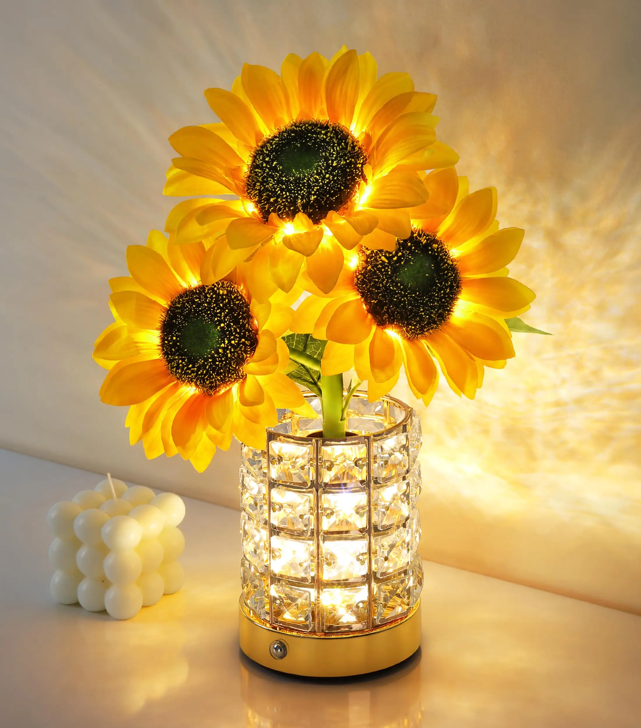 Ivydale Handmade Sunflower Table Lamp - Rechargeable Cordless Touch Lamp, 3-Colour Infinitely Dimming Small Night Light, 5-8 Hours Use, Valentines Day Gifts for Women, Festive Decor for Bedroom, Crystal Vase Companion Home Supply, Table Lamps