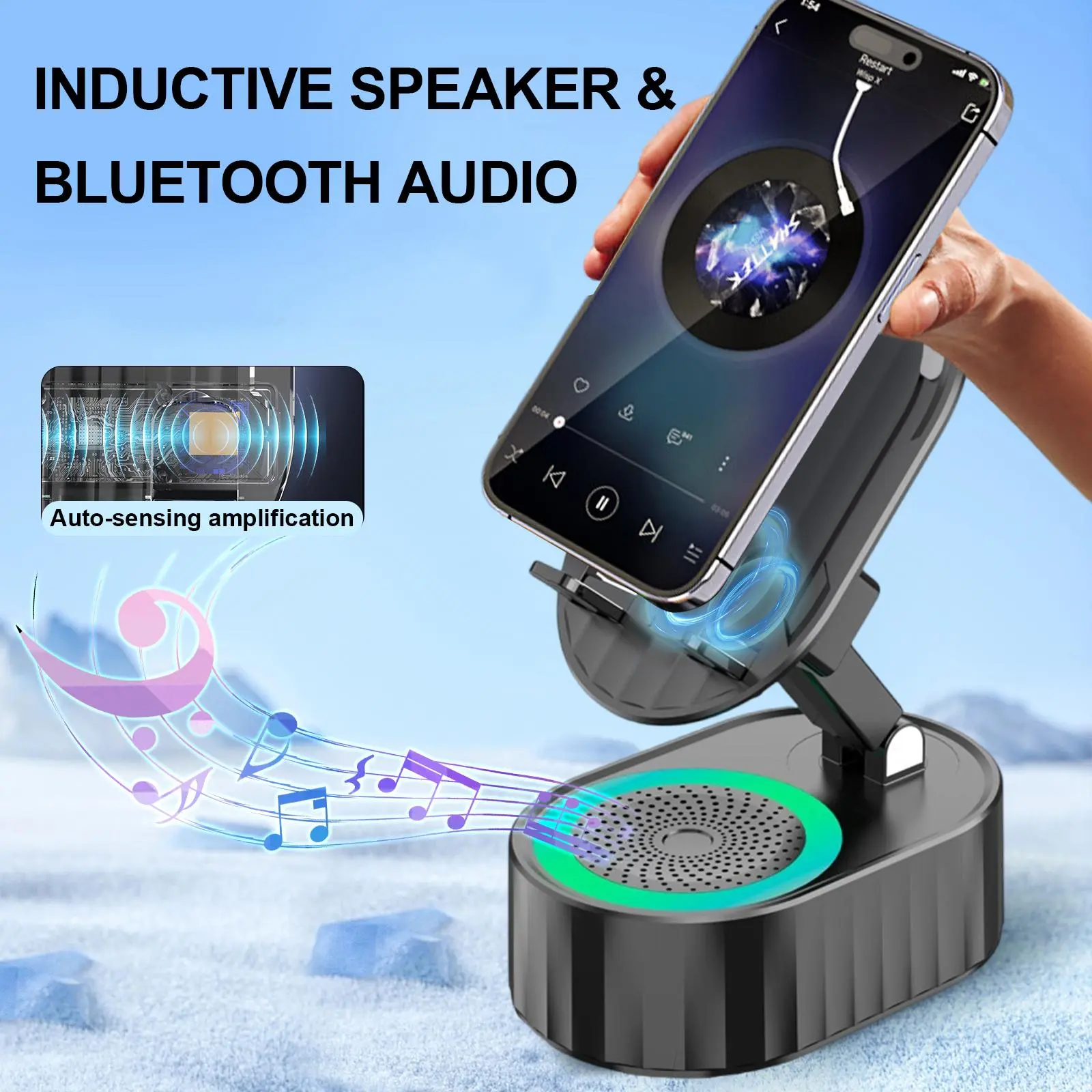 AKLLCCR 5-in-1 Multifunctional Speaker - Wireless Induction Audio Bluetooth Wireless Speakers, Lightweight and Portable Smartphone/Tablet Holder, 5000mAh USB Emergency Charging Power Bank with Colorful Ambient Light, Gifts for Friends, Adjustable Rotatabl