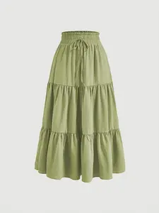 High-Waisted Maxi Skirt With Ruffled Hem, Polyester Blend, Casual Spring/Summer/Autumn Fashion, Machine Washable