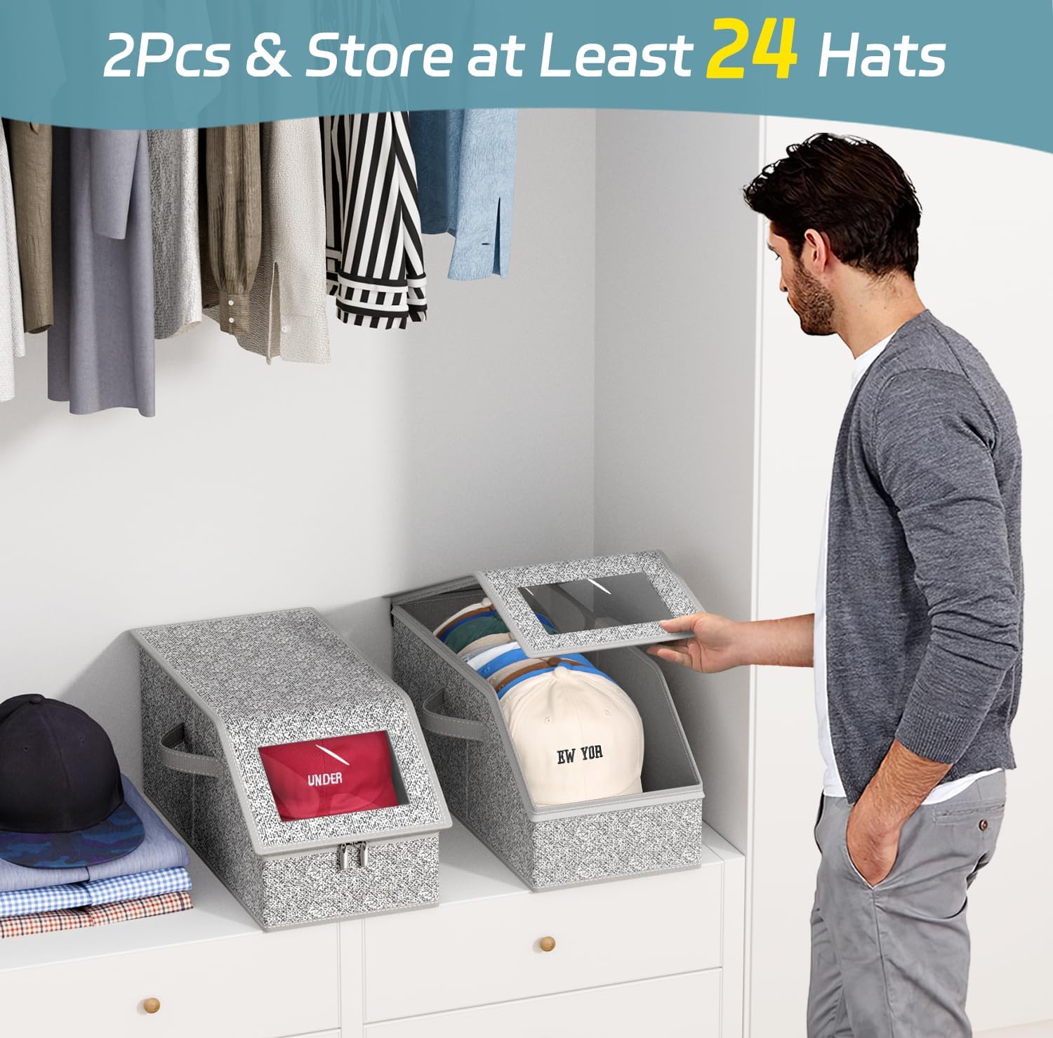 Fathers Day Gifts 1 or 2 PCS Stackable Hat Storage Boxes for Baseball Caps, Holds Up to 24 Hats, Durable Cardboard Box for Men, Classic Style, Wardrobe Organizer Fathersdaygift Fathers Day Gifts 1 or 2 PCS Stackable Hat Storage Boxes for Baseball Caps, Holds Up to 24 Hats, Durable Cardboard Box for Men, Classic Style, Wardrobe Organizer Fathersdaygift