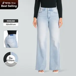 Joy Vogatiques BlueMoment Stretchy High Waist Wide Leg Jeans for Women Basic Denim Pants Raw Hem Underwear Trouser Lady Streetwear 8101 Minimalist Tummy Control BBL Baggy Curve Hugging