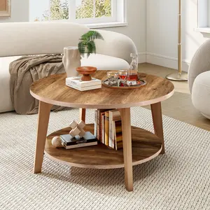 Round Coffee Table 36'' Wood Coffee Tables for Living Room with 2-Tier Storage