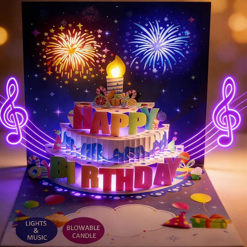 LED Light & Music 3D Pop-Up Birthday Card – Blowable Candle Interactive Greeting for Women, Men, Kids & All Occasions