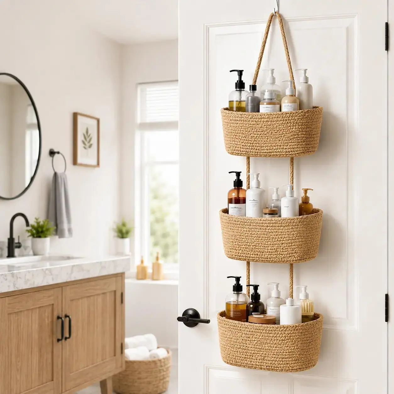 1/2-Pack 3-Tier Woven Cotton Wall Hanging Baskets with 4 Hooks - Over-the-Door Jute Storage Organizer for Nursery, Bathroom - Ideal for Storage Organization, Room Decor, Baby Birthday Gifts for Family