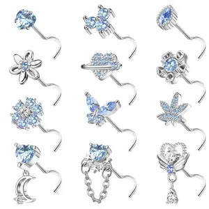 12 pcs 20g surgical stainless steel nose rings, L-shaped nose studs for women and men, CZ heart butterfly flower leaf moon dangle cute nose piercing studs screw jewelry pink/purple/blue/clear