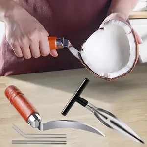 7Pcs Coconut Opener Tool with Straws, Brush Set, Stainless Steel Coconut Opener Scraper Knife Coconut Punch Tool with Durable Non-Slip Wooden Handle Scraper