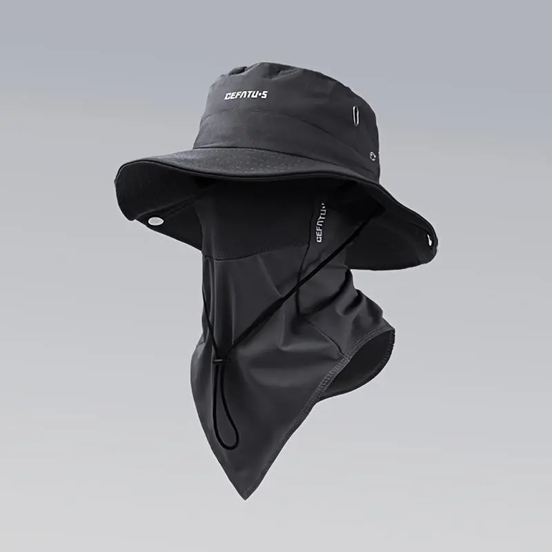 Unisex 2-Set Outdoor Wide-Brimmed Sun Hats - Solid Color, Foldable Brim, Breathable, Elastic Fit, Drawstring Closure, Mesh Face Mask, Ideal for Hiking, Beach Fishing
