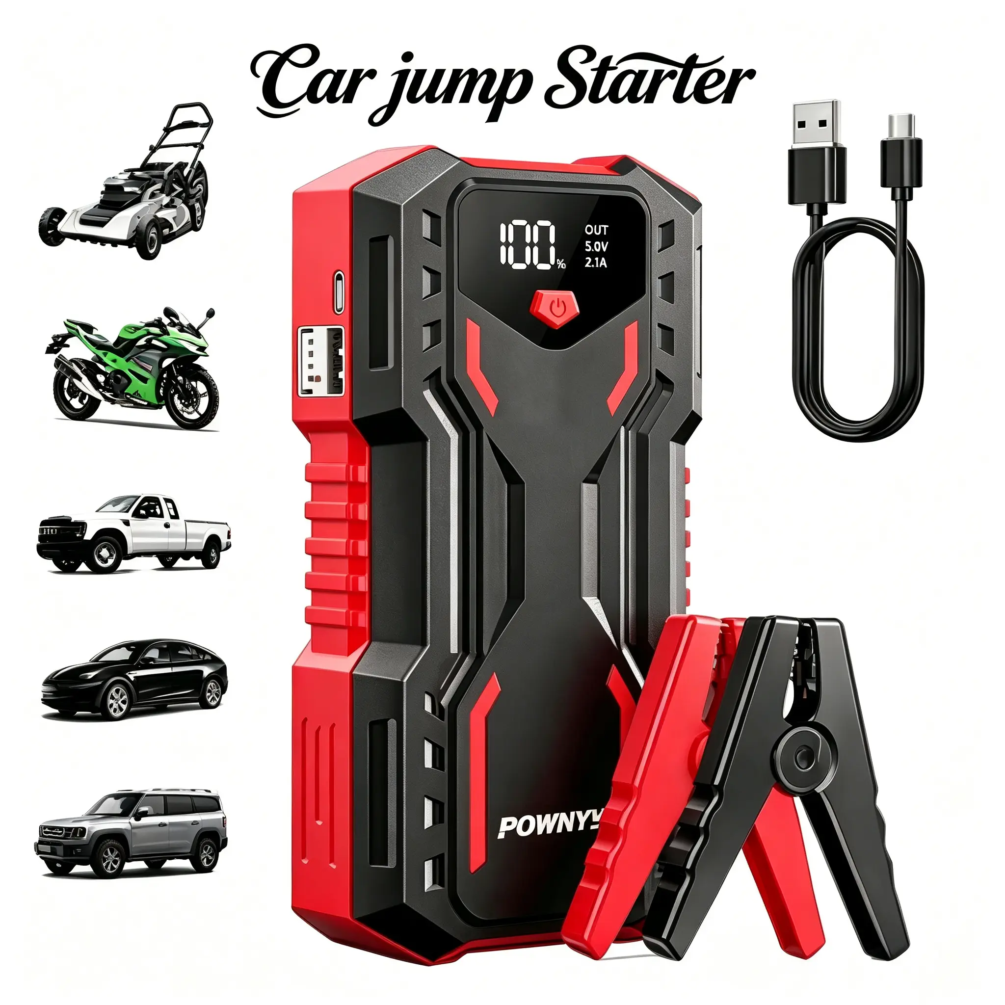 6000A Peak Car Jump Starter Tool, Compact Portable Unit with Power Management IC, Power Indicator, Built-in LCD Display for Dead-Car Jump & Peak Battery Boost Automotive Battery