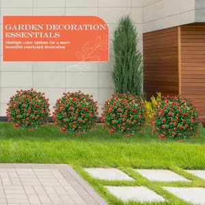 Artificial Topiary Bushes for Outdoors with Spike, Boxwood Ball Fake Shrubs UV Resistant Faux Plants for Indoor Outdoor Fall Thanksgiving Halloween Decor (Artificial Boxwood Ball Bush-Red)