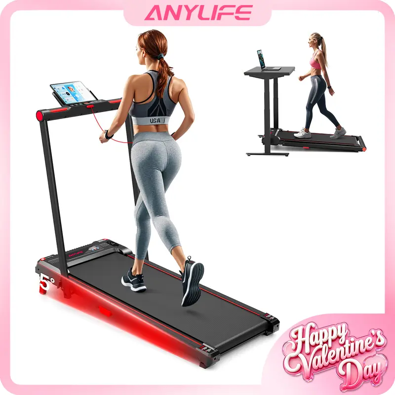 【HappyValentine's Day】Anylife Treadmills Home with Foldable Handle Bar with Safety Clip, Flat/Incline Under Desk Treadmill, Brushless Motor, Walking Pad, Exercise Equipment with Remote Control, 330 lbs Capacity, with LED Display, D2