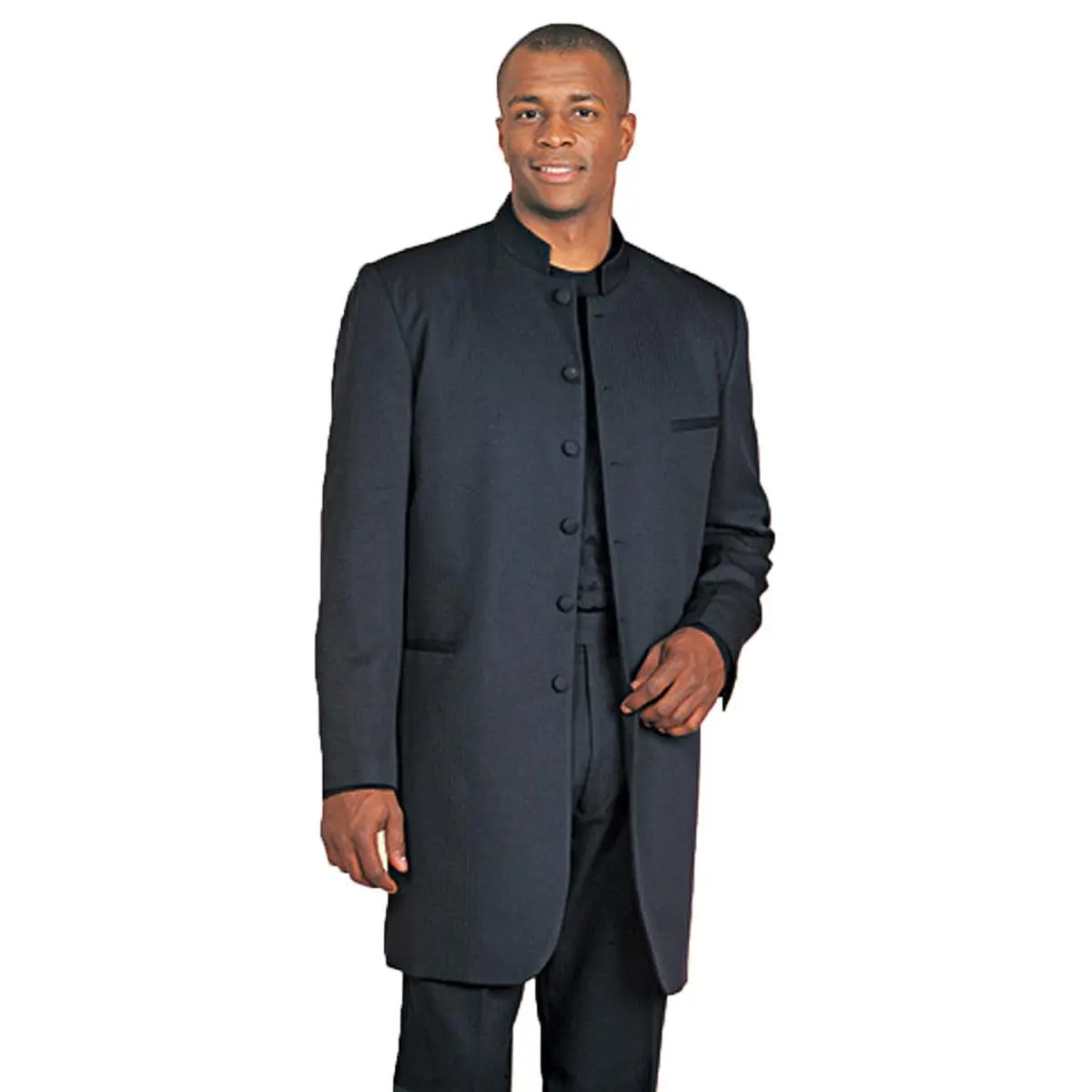 Mens Long Mandarin Collar Zoot Suit Tuxedo in Black