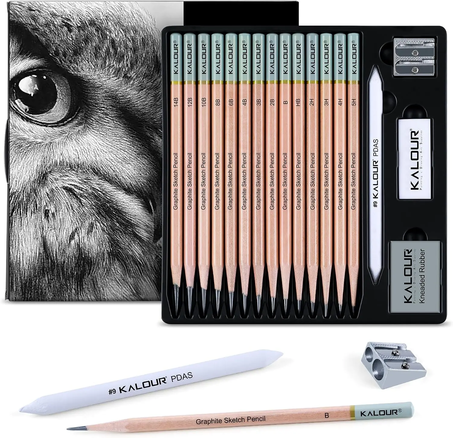 KALOUR 18-Piece Professional Graphite Sketch Pencil Set - 5H-14B Range, Vinyl Eraser, Kneaded Eraser, Sharpener, Paper Blending Stump - Back to School Haul Studio Supplies for Aspiring Artists (Graphite Drawing, All Seasons), Full Range