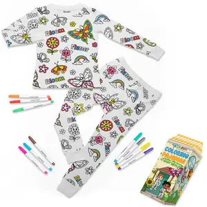 Craftikit Kids Coloring Pajamas Set with Markers Soft Bamboo 2-Piece Unisex PJs Snug Fit Farm Animal, Unicorn & Butterfly Themes Ultimate Stretch Seasonless Wear Sleepwear Cartoon Print and gift boxed