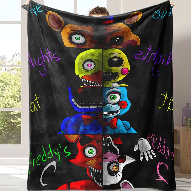 Countdown Sale! 5 Nights at Freddy's Character Patchwork Flannel Blanket - Lightweight All-Season Flannel Throw, Contemporary Look, Warm Gift for Friends, Ideal for Office & Sofa Use, Office Use, Flannel Fabric