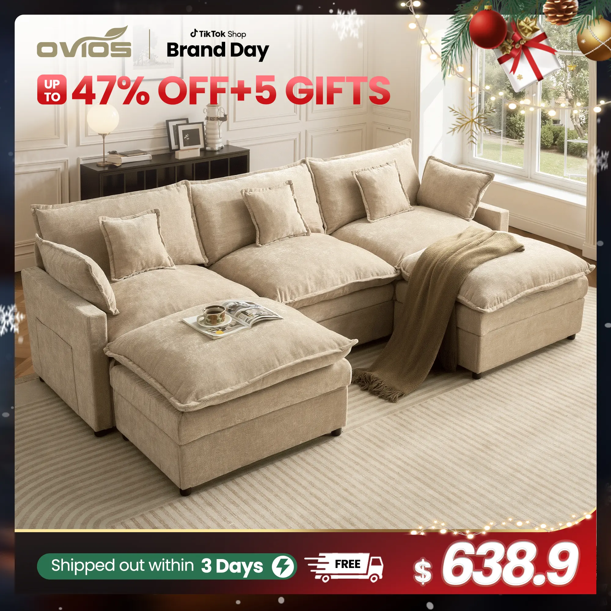 【2/3 Packages Shipping】Ovios 108" U-Shaped Modern Sofa Modular Sectional Cloud Couch with 2 Ottoman, Comfy Chenille Deep Seat Sofa Bed with 5 Pillows for Living Room, Bedroom and Apartment, 5-Seater
