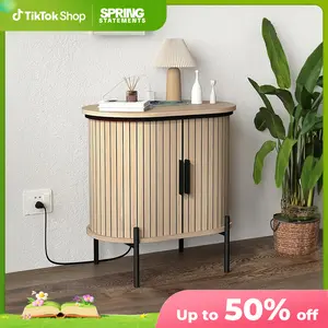 [SpringStatements] EBELLO Grooved End Table with Charging Station, Mid-Century Modern Nightstand, Entryway Cabinet for Living Room, Bedroom, Small Spaces, Walnut