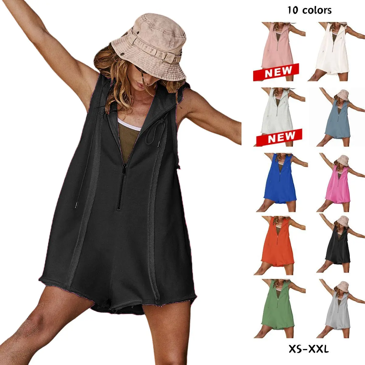 Yeokou Women Hooded Half Zip Sleeveless Jumpsuit Stretch Loose Short Jumpsuit With Pockets Summer Athleisure Workout Outfit