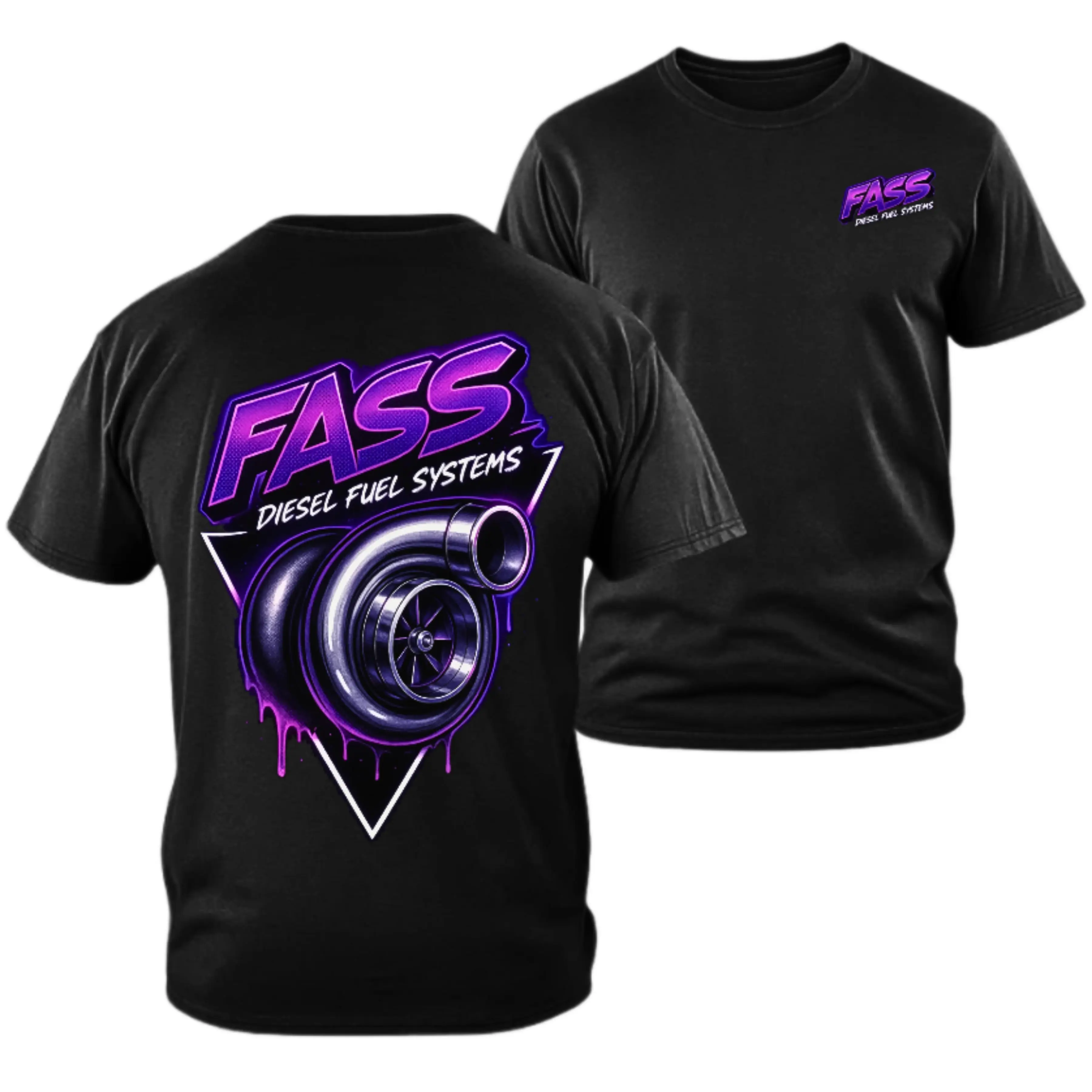 FASS Diesel Fuel Systems 2 Sides Neon Purple Turbocharger Print Unisex TikTok Shop Deals Graphic Tee 100% Cotton Casual Streetwear T-Shirt Fashion Man Apparel Stylish Tshirt