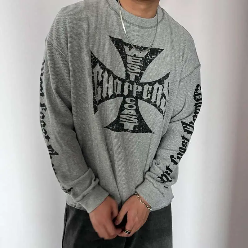 Men's Waffle Fabric Casual American Vibe Long-Sleeved T-Shirt Base Layer, Menswear Top for Autumn