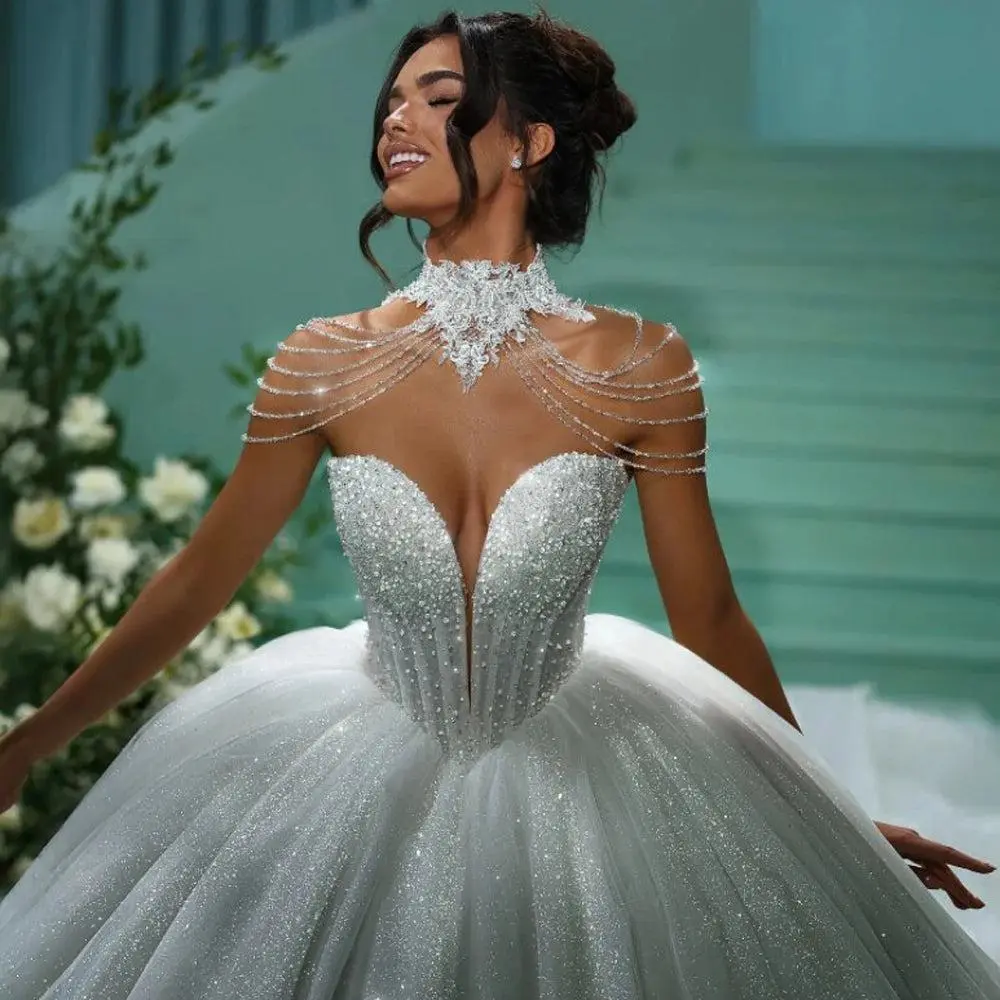 Loverxu Princess Ball Gown with a Sweetheart Neckline, Beaded Bodice, and Cathedral Train for Formal Wedding or Evening Events, Wedding Dresses, Formal Wear, Fabric, Customized, Maxi Dress, Glitter, Lady, Black Tie, Elegant Dresses