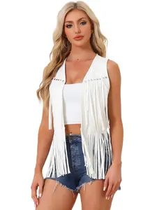 INSPIRE CHIC Open Front 70s Vintage Boho Faux Suede Tassel Fringe Vest