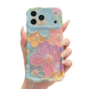 Cute Curly Wave Edge Phone Case, Colorful Retro Oil Painting Laser Glossy Pattern - Stylish Shockproof TPU Protective Cover Compatible with iPhone 17 16 15 14 13 12 11 Pro Max for Girls Women