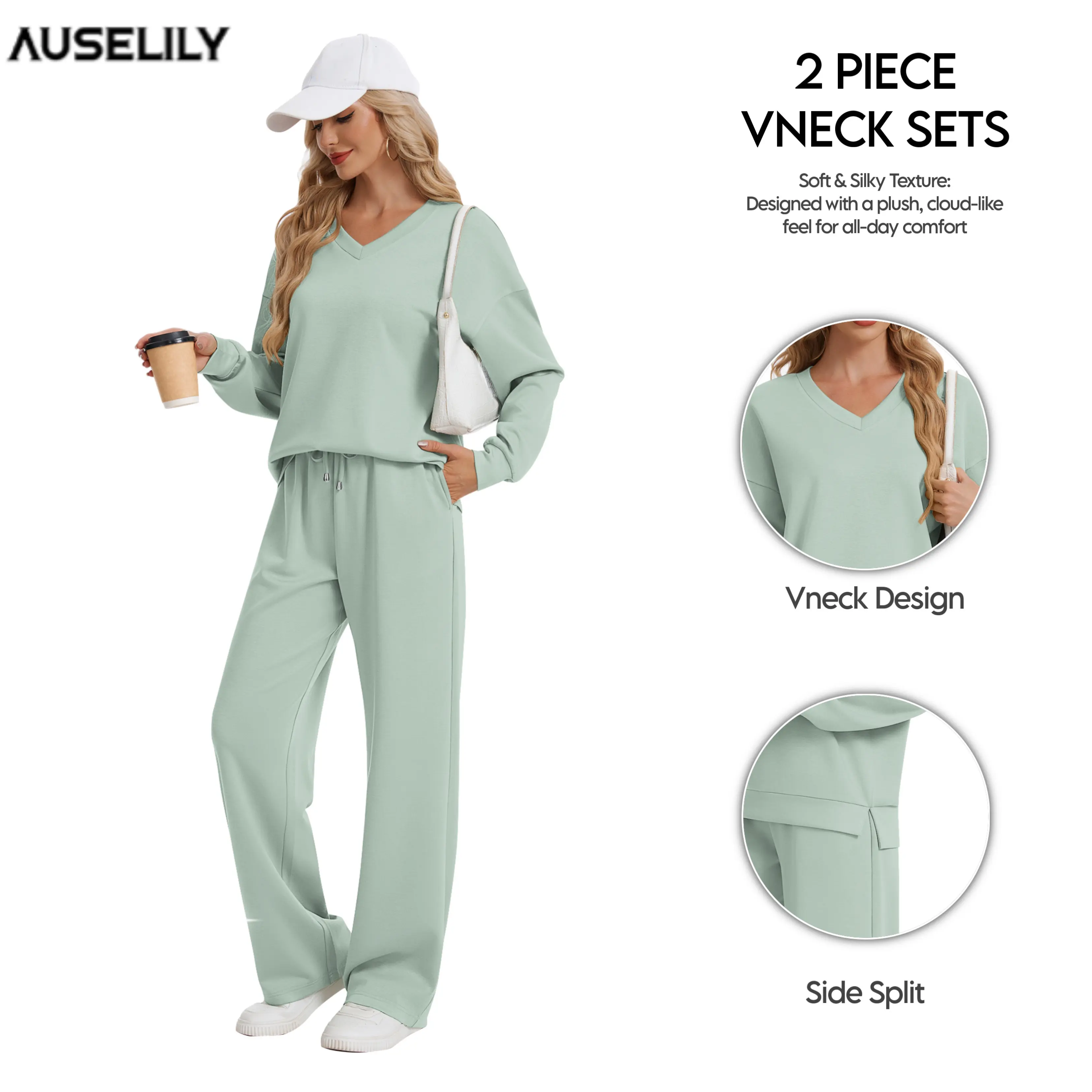 AUSELILY V Neck Casual Sets Women's Sweatsuits 2 Piece Outfit Sweat Set 2026 Spring Fall Lounge Sets Airport Travel Tracksuit