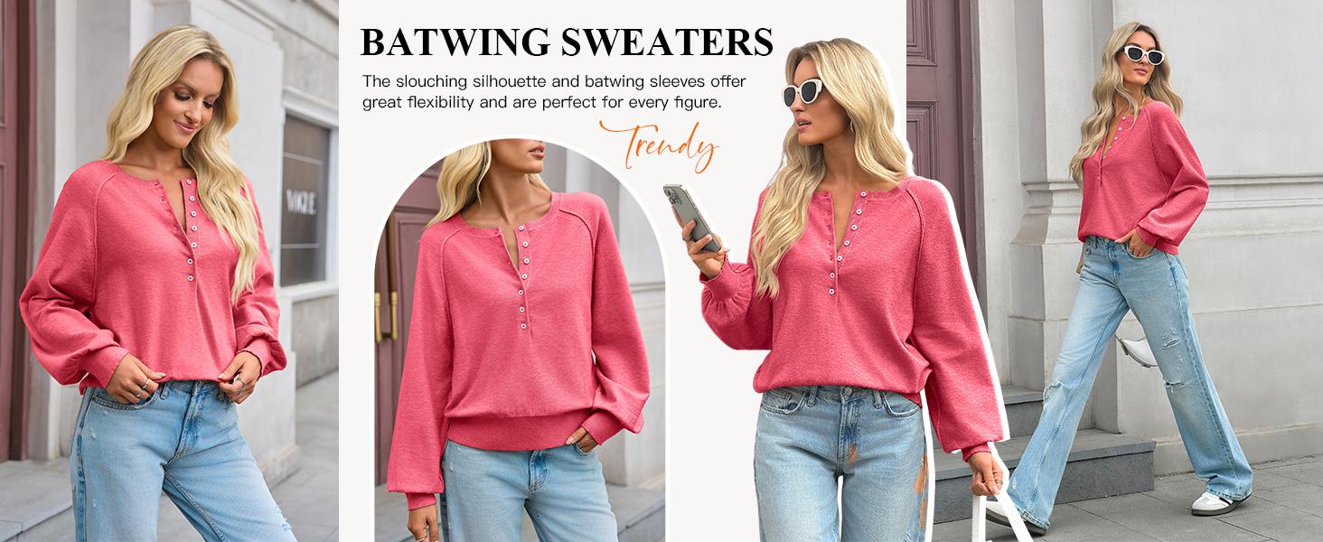 WoodBerry Women's Long Sleeve Sweater Tops Half Button Down Knitted Pullover Henley Neckline Casual Lightweight Solid Knitwear for Work Travel Outfits