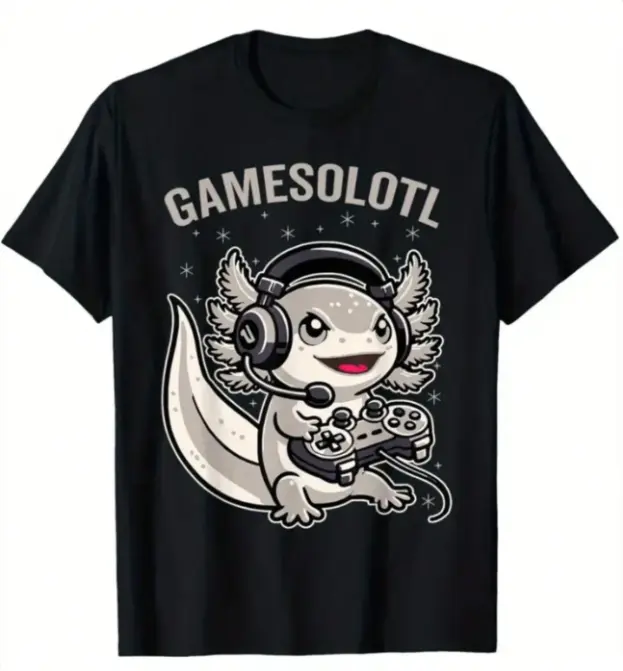 Women's Round Neck Short-Sleeve Oversize Cotton T-Shirt, Cute Headset Controller Axolotl Gamesolotl Pun Cartoon Print, Soft Breathable Heat Transfer Loose Fit Top for E-Sport Fans' Casual Daily Outfits, Shortsleeve, Tshirt