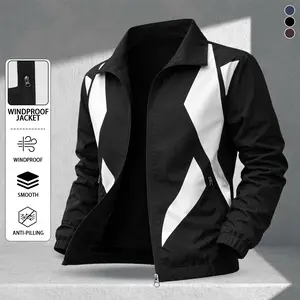 Men’s twill color-block stand-collar jacket, lightweight wear-resistant fabric, zippered pockets, street-style functional design, suitable for everyday outings and commuting, trendy individualistic style Menswear Coats