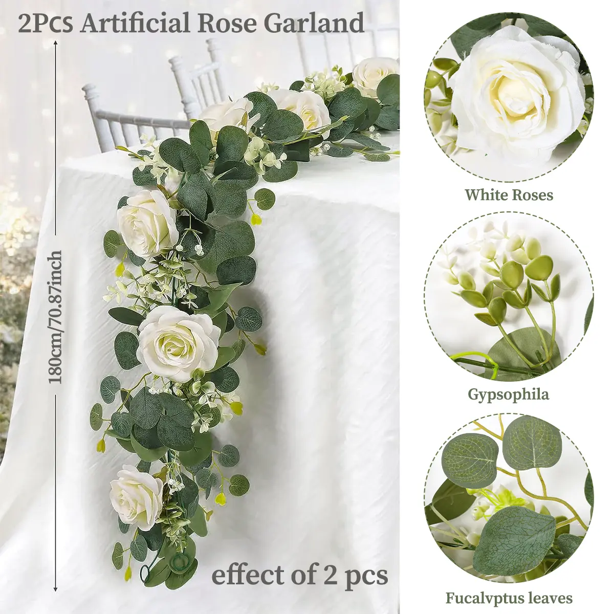2pcs Artificial Rose Flower Vine, Faux Floral Garland for Romantic Wedding and Home Decor, Dining Table Centerpiece, Artificial Flower Arrangements,dorm essentials