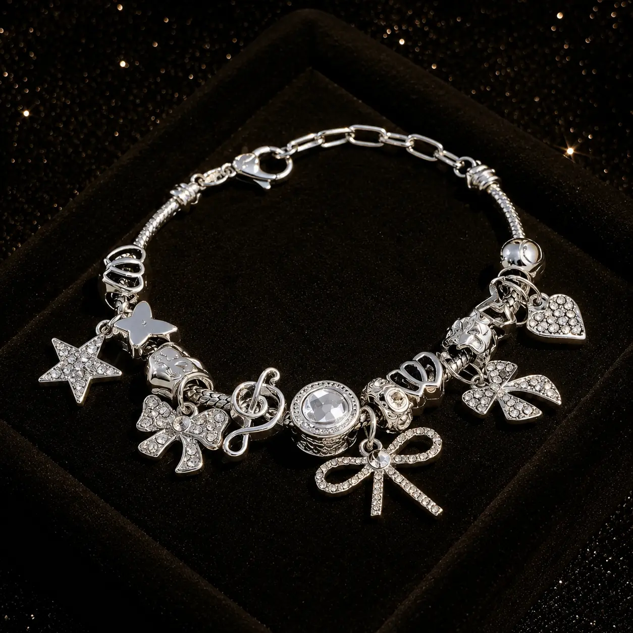 Vintage Silver Charm Bracelet for Women, Crystal Heart Bow Star Pendant Bracelet, Retro Boho Dangle Charm Jewelry, Elegant Fashion Bracelet Gift for Birthday, Party & Everyday Wear