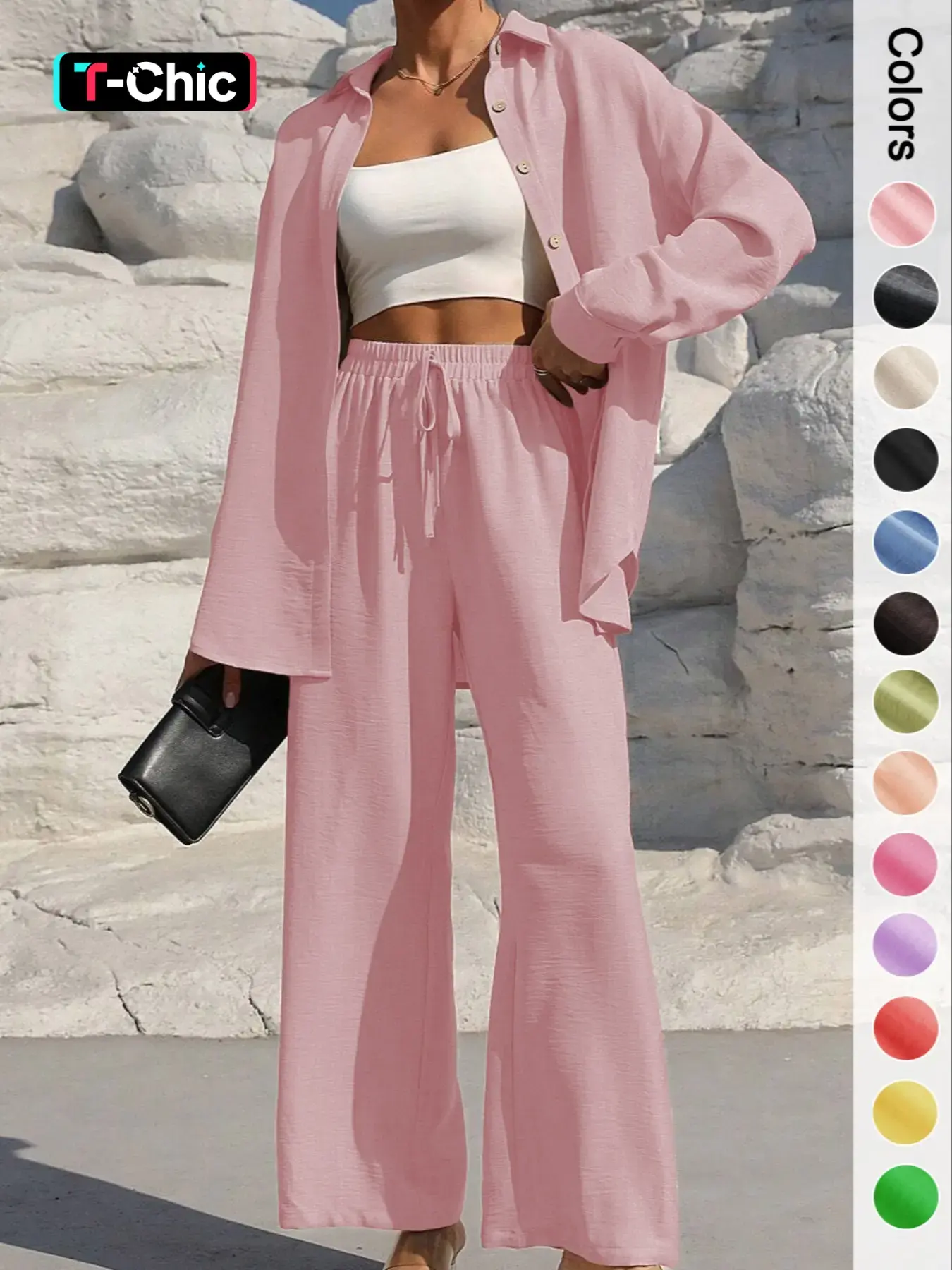 Women's Solid Button Front Shirt & Tie Front Wide Leg Pants Two-piece Set, Casual Drop Shoulder Long Sleeve Top & Trousers 2 Piece Set for Spring & Fall, Women's Clothes for Daily Wear, Loose Pant Sets, Casual Outfits Women
