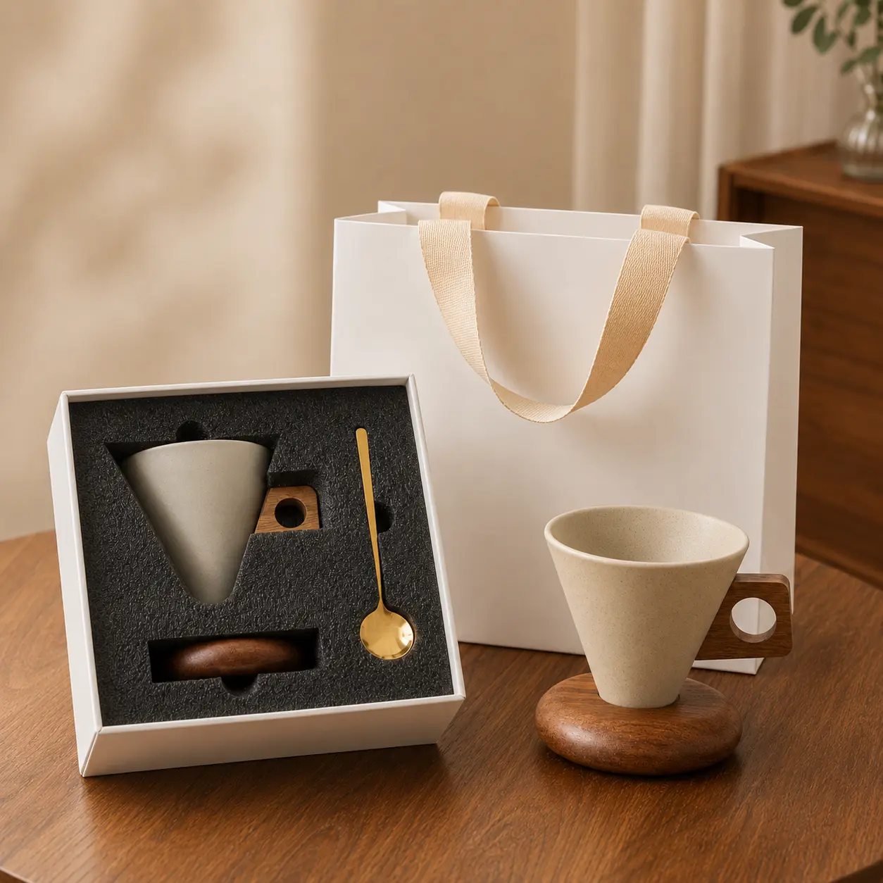 250ml Ceramic Coffee Cup Gift Set with Wooden Base & Handle, Minimalist Inverted Cone Coffee Mug in Gift Box, Unique Gift for Coffee Lovers, Birthday, Valentine’s Day, Teacher, Friend, Home & Office