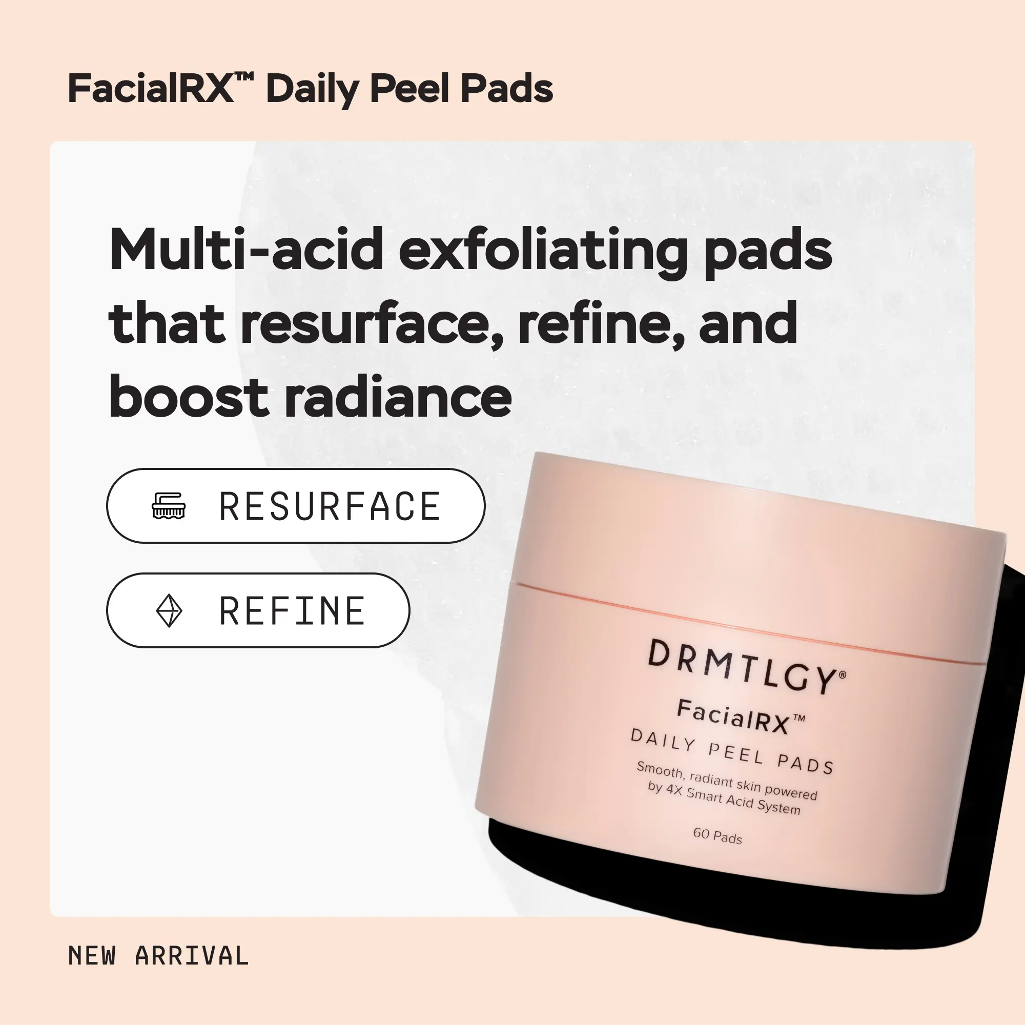 DRMTLGY FacialRX Daily Peel Pads with Mandelic, Lactic, Succinic, and Salicylic Acid. Gentle Barrier-Friendly Exfoliating Pads