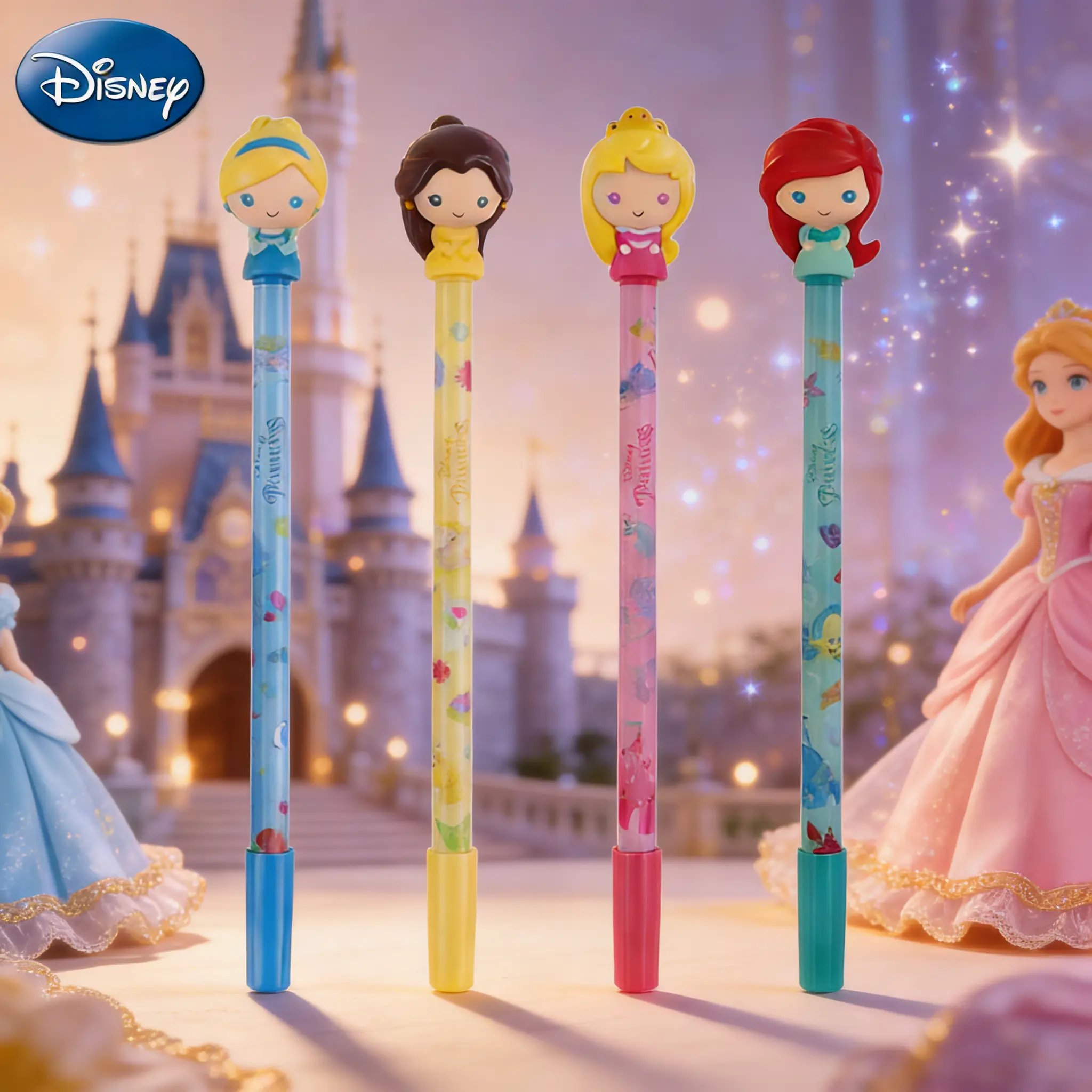 4PCS Disney Princess Cartoon Pattern Pen Official Licensed Gel Pen Ballpoint Pen Stationery Set PVC Student Friends Family Birthday Gift Cinderella Ariel Belle Aurora